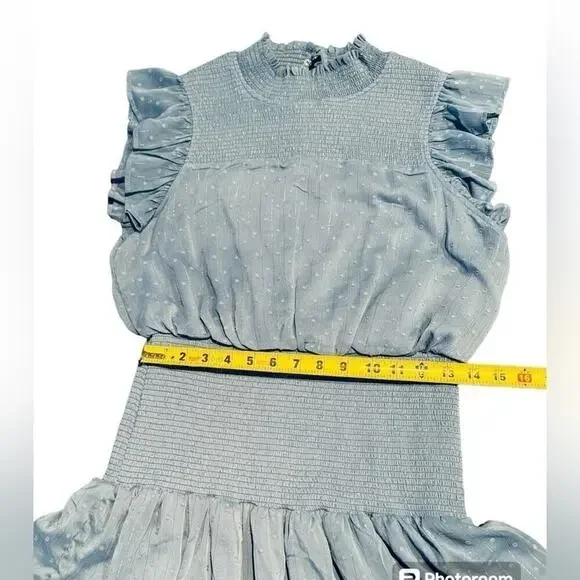 Aqua Ruffle Dress Smocked Short Sleeve Blue Swiss Dot Womens size Large - Picture 9 of 15
